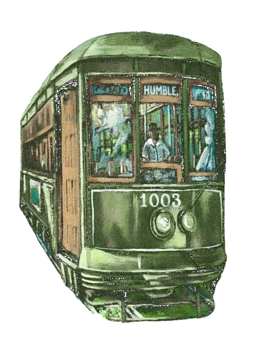Vintage green streetcar numbered 1003 with Humble destination sign